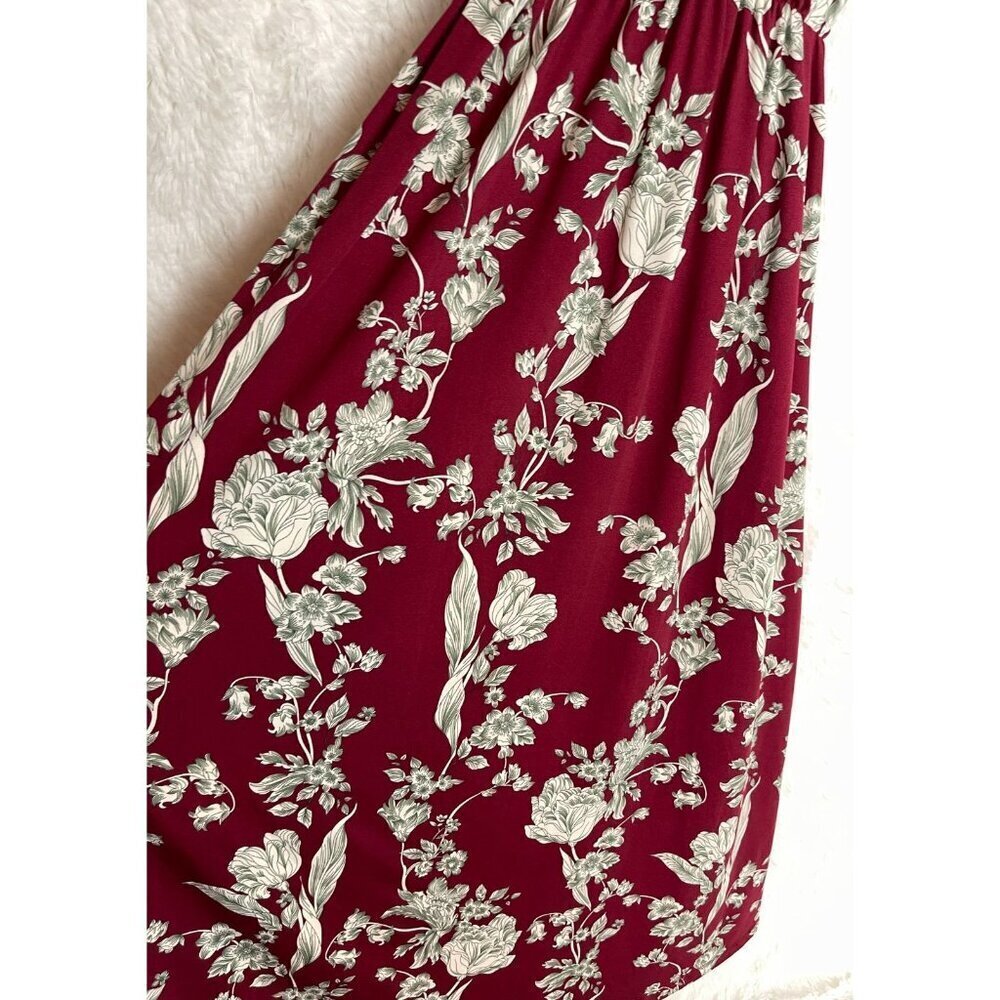 Flirty Pink Medium Short Sleeve Surplice Neck Maroon White Flowers Maxi Dress - Picture 5 of 5